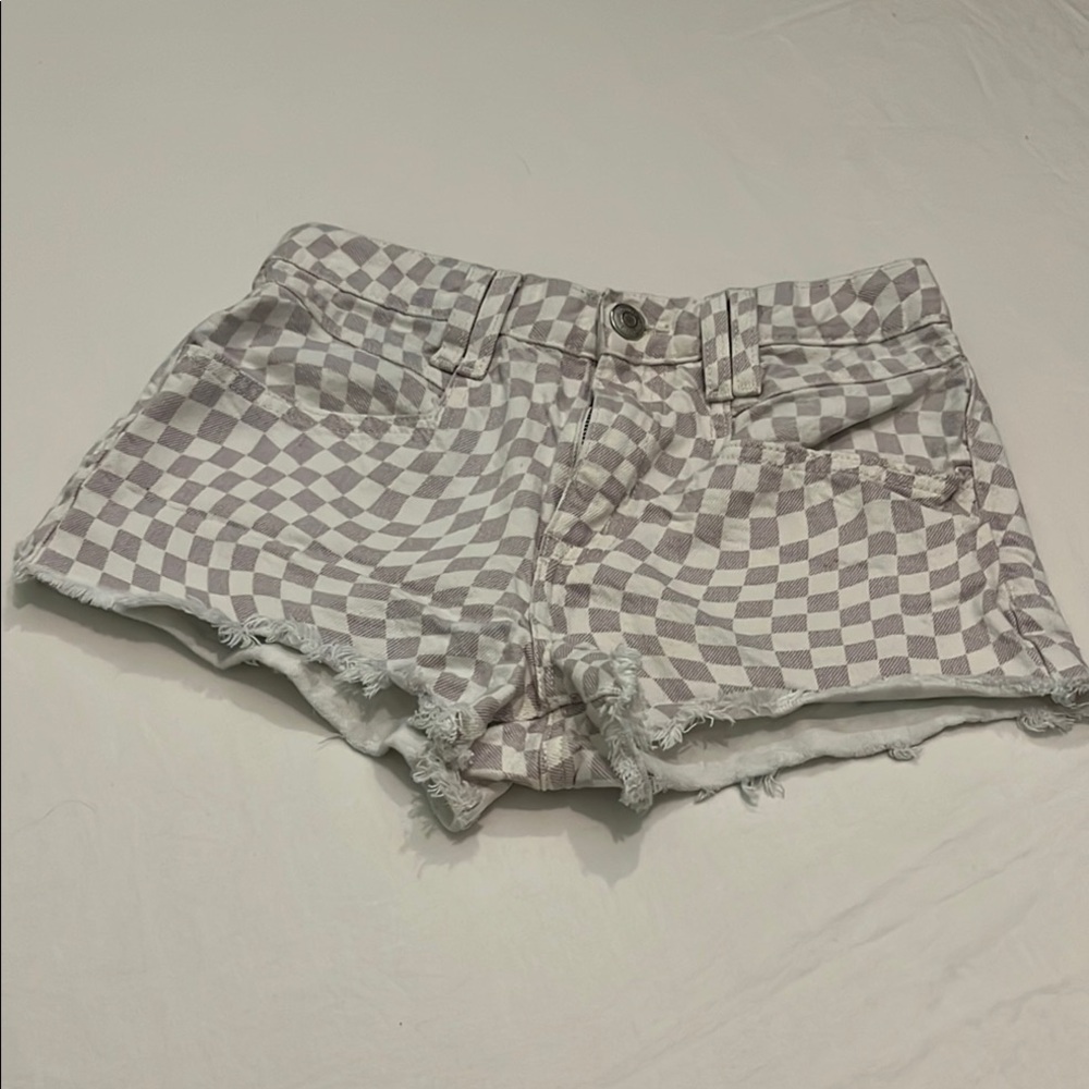 Aeropostale Checkered Jean Shorts White & Gray Vintage High Rise Shorty Size 0